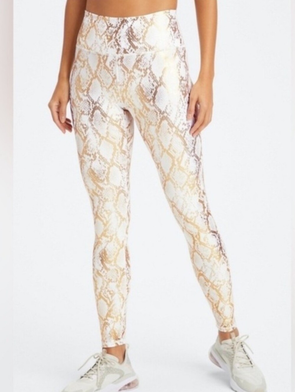 Fabletics Metallic Foil Gold Snakeskin Print White Athletic Leggings Size Medium